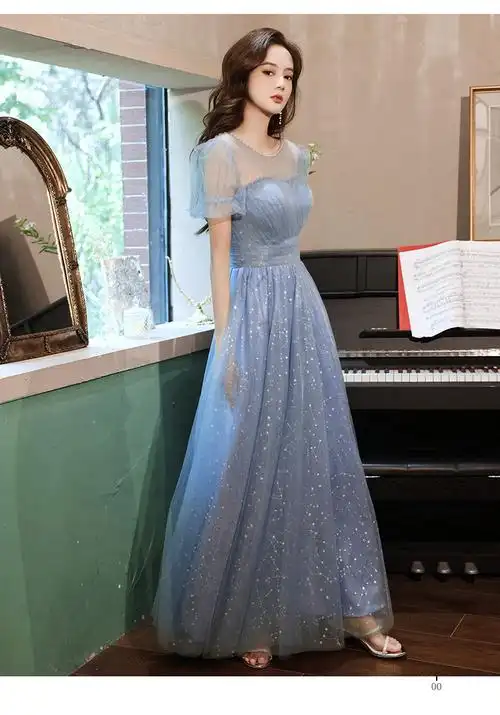 阿亨蓝色晚礼服女21新款宴会气质长款简约小众高级感年会冬季裙简约