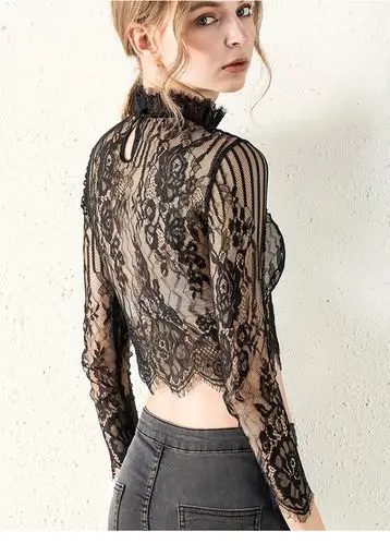 【天猫】黑色蕾丝罩衫打底衫女修身网纱半高紧身雷丝上衣内搭蕾丝半截