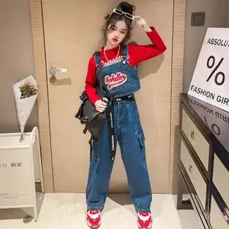 szhg女童衣服春季套装中大童女装背带牛仔裤春装韩版315岁洋气女孩
