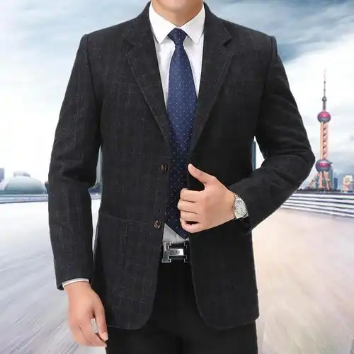 迪鲁奥diluao春秋中老年男士羊毛呢西服外套男厚款中年西装上衣爸爸装
