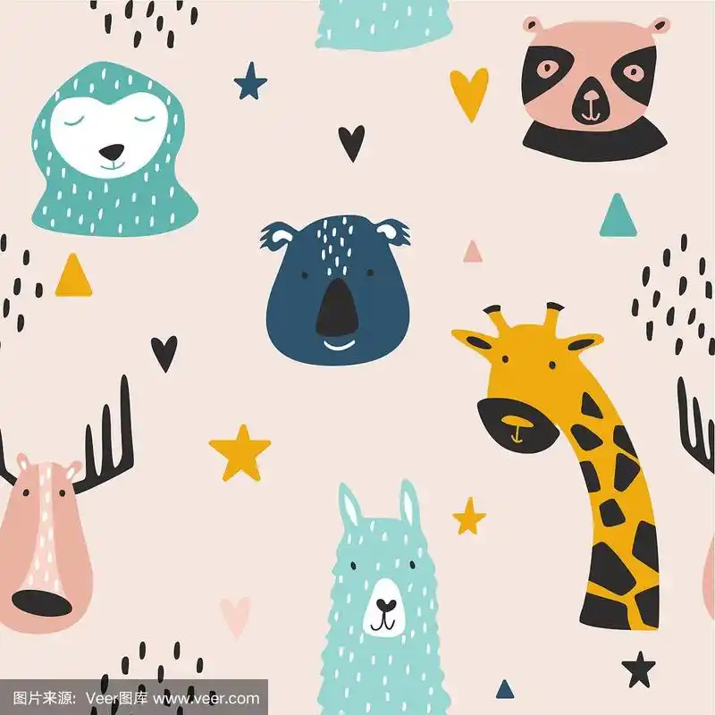 野生动物宝宝无缝有趣的图案.