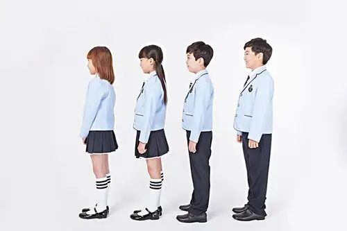 四个,小学,学生,校服,列队,侧面