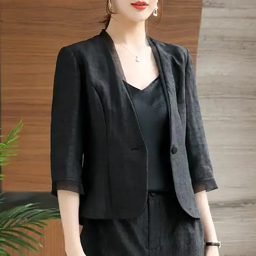 zm891新款龟纹香云纱小西装女纸样春夏中袖外套针织类定制