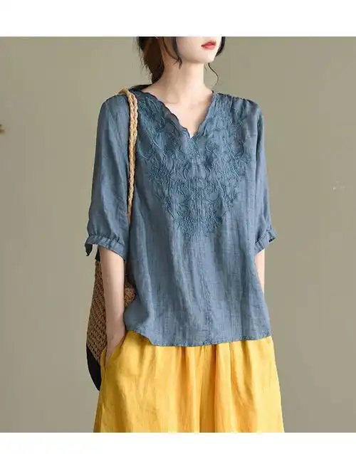 棉麻t恤女韩版显瘦女装复古民族风棉麻上衣短袖刺绣棉麻t恤女夏季薄款