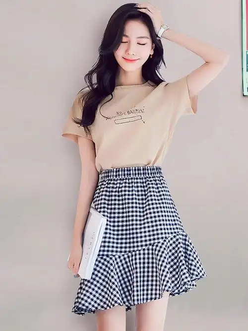 韩都衣舍2019韩版女装夏装潮流格子印花两件短袖时尚套装ek9133