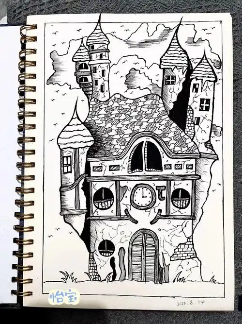 黑白装饰画古老城堡线描画好久没动笔