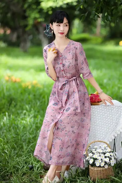 高端苎麻连衣裙夏季薄款棉麻女装开衫收腰显瘦连衣裙