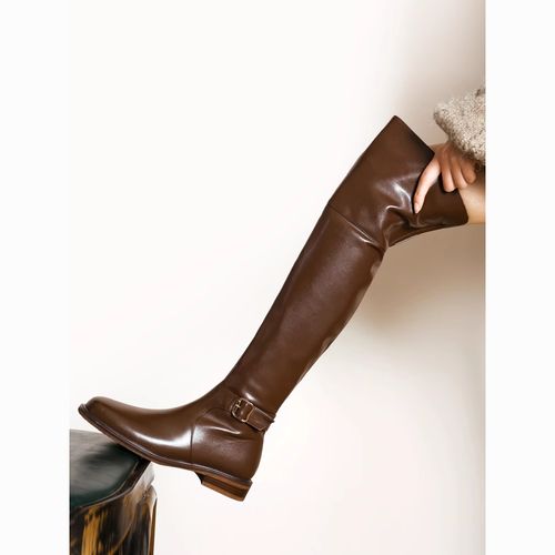 欧美棕色瘦腿过膝长靴女低跟平底2024年秋季单靴冬天加绒骑士靴女【15