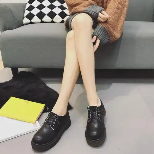 欧美新款单鞋女系带圆头低帮马丁鞋复古保暖加绒厚底平底棉鞋女鞋