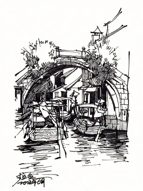 画江南水乡用简单线条先定位是必要的