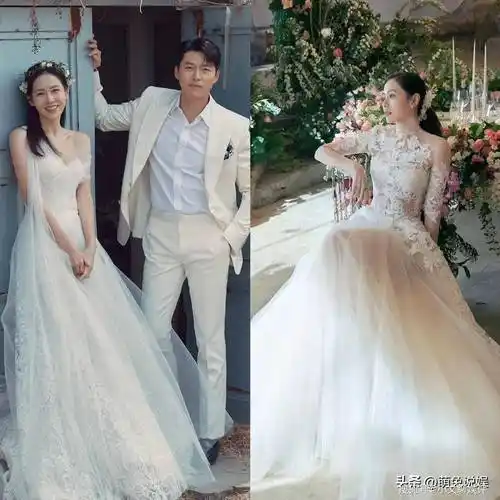 照片中,玄彬身着米白色西装,帅气逼人,而孙艺珍则一袭白色婚纱,头戴