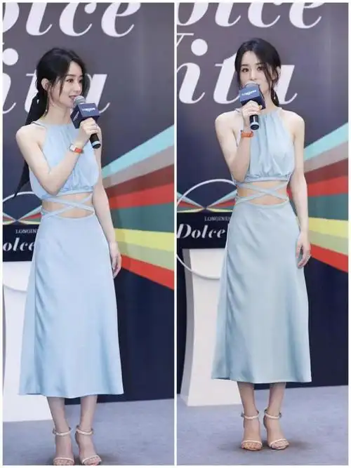 别老穿黑白灰了,清新淡雅的蓝色也有气质,赵丽颖的搭配值得一试|裙子