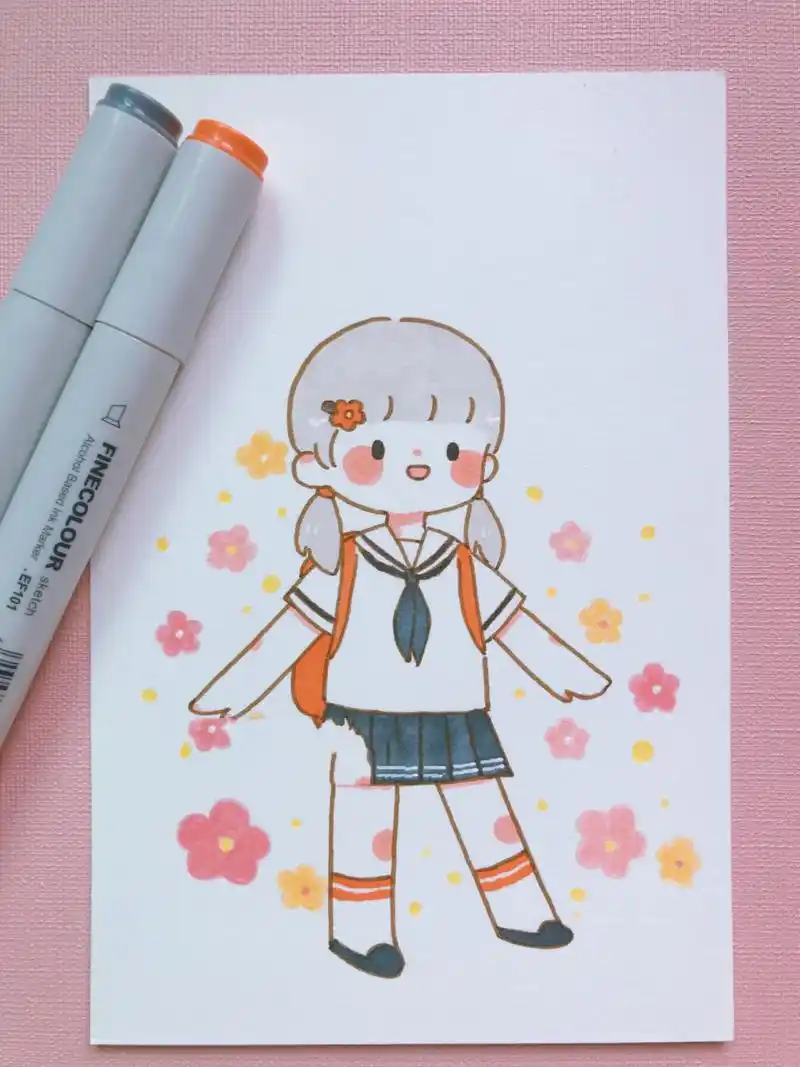 手帐简笔画丨校服女孩(附线稿) 头画大了一点点明天上绘画过程视频