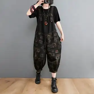 阔腿哈伦裤女大码灯笼裤哈龙裤胖妹妹秋冬复古印花牛仔带裤女宽松休闲