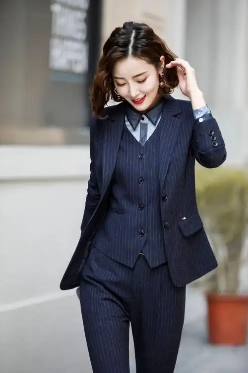 条纹女士西装套装 秋冬新款气质韩版经理商务职业西服正装工作服