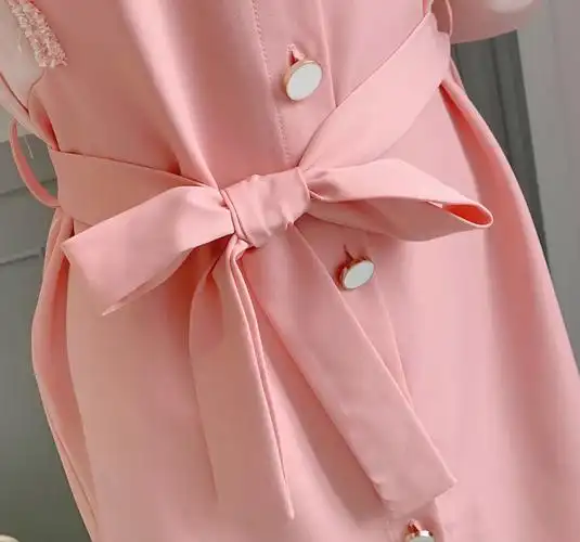 2019秋季新款法式气质时尚女装裙子假两件粉色长袖宽松拼接连衣裙