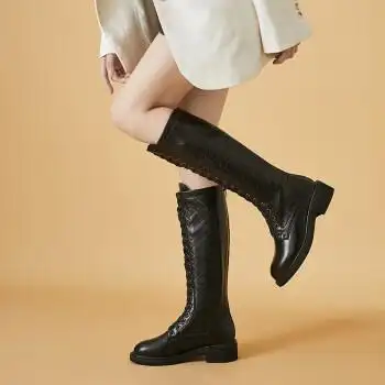 达芙妮靴子女长靴秋冬高筒真皮低跟中跟骑士靴冬季品牌女靴加绒保暖