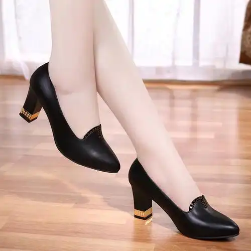 2020春秋季新款百搭女士粗跟真皮单鞋女中跟尖头浅口职业工作女鞋