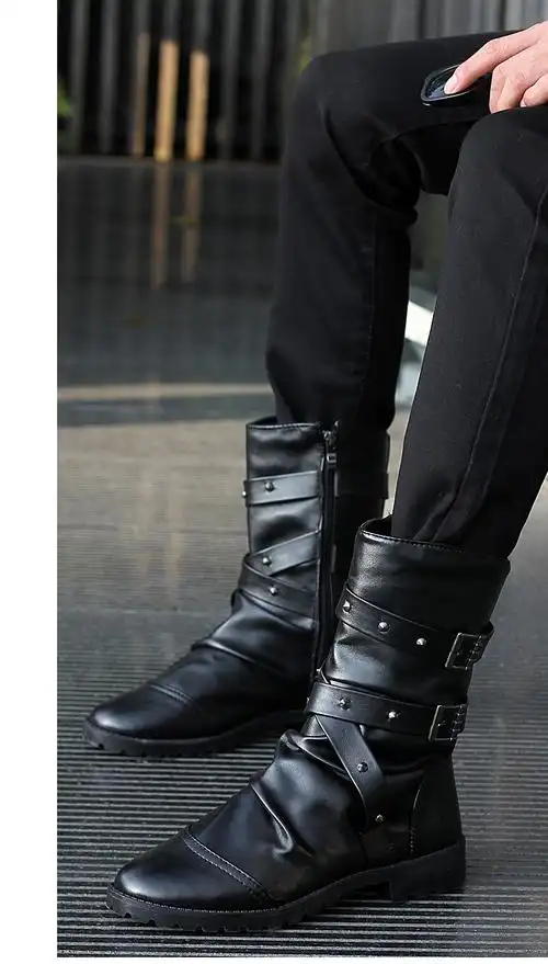 男士马靴长筒靴马丁靴子韩版潮流男式高帮春秋复古青年男靴子 黑色a