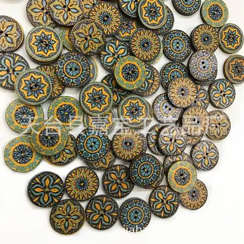 现货批发电商爆款diy木质圆形纽扣 欧式复古风格花纹圆形木片