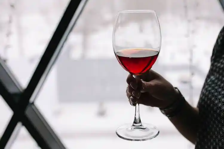 在窗台上的女性手中拿着一杯红酒.