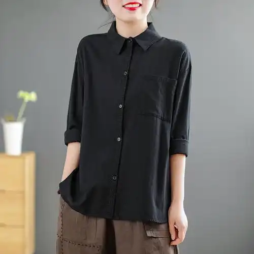 复古前门绣花棉麻衬衫女纯色百搭休闲显瘦衬衣春夏长袖打底衫上衣