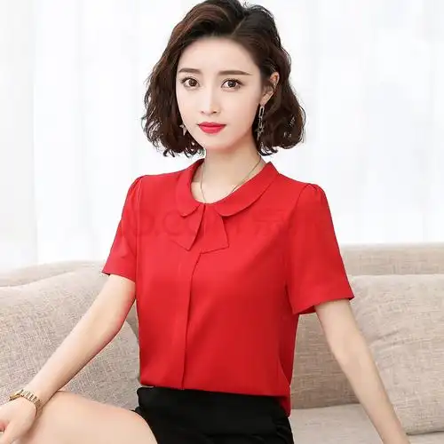 轻奢女装短袖衬衫女娃娃领雪纺衫女短袖上衣2021年夏季新款韩版大码