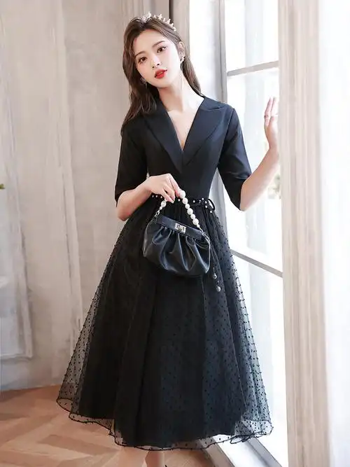 黑色晚礼服女高级感高端轻奢小众名媛设计感平时可穿小个子赫本风