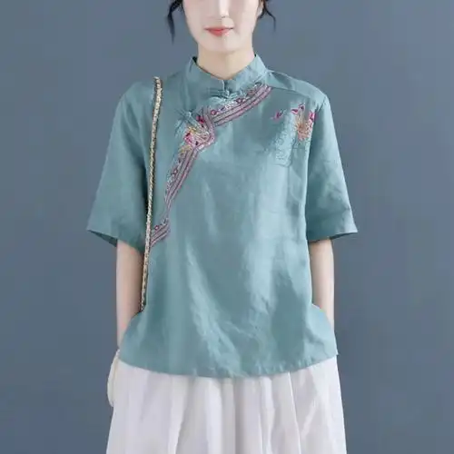 改良中式中国风斜襟刺绣衬衫唐装文艺复古盘扣立领苎麻上衣女夏装
