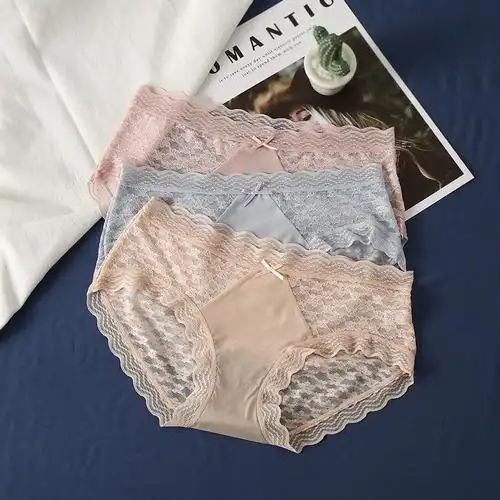 彩田内裤女士性感蕾丝拼接冰丝超薄夏季透明网纱石墨烯抗菌平角裤