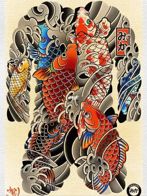 日式老传统满背纹身鲤鱼纹身