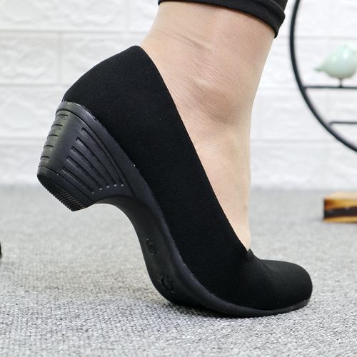 老北京布鞋女高高跟软底新款黑色工作鞋坡跟中跟透气布鞋