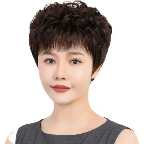 之美假发短发短卷发碎发女士中老年头套真发自然整顶假发