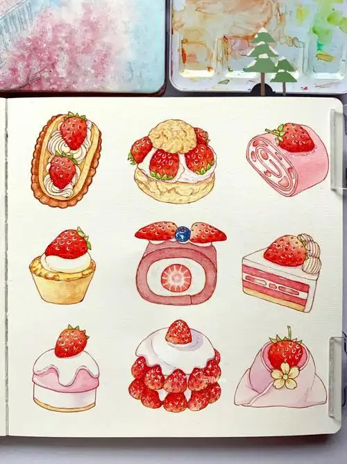 的草莓91甜品来啦,是一些简单的小图,新手可以画一画呀水彩颜料96