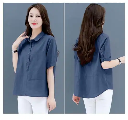 苎麻小衫女夏装短袖衬衫2022年新款中年妈妈宽松棉麻有领中袖上衣砖