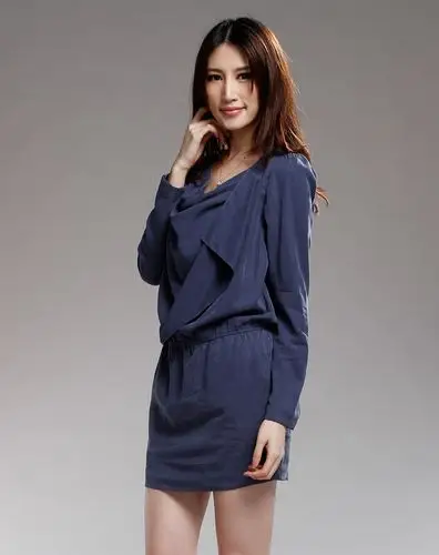 致雅chic life灰蓝色时尚长袖连衣裙