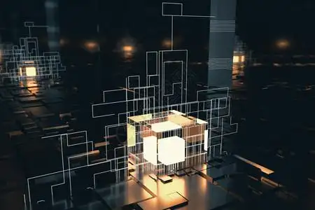 发光的方块与科技感线条三维渲染高清图片发光的结点与白色方块三维