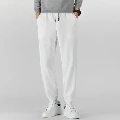 华夫格白色裤子男士运动裤夏秋款宽松直筒束脚裤冬季加绒大码卫裤