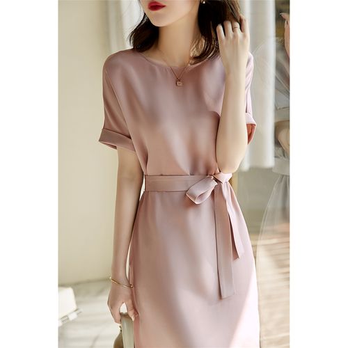 简约优雅贵气~清雅温柔粉色 重磅双绉真丝桑蚕丝系带显瘦连衣裙夏