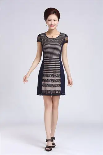 国际奢华品牌法玛莎中老年女装短袖连衣裙夏季中年大码妈妈装裙 蓝色