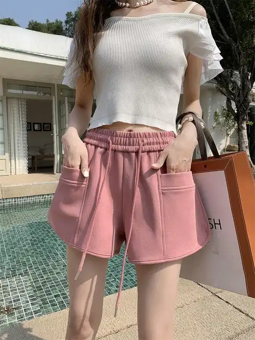 粉色运动短裤女夏季松紧高腰休闲阔腿热裤小众设计感抽绳直筒卫裤