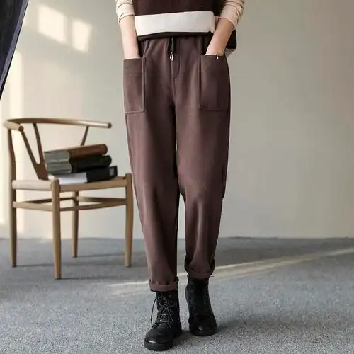 代勒棉质纯色色加哈伦裤女2020冬季新款复古休闲裤