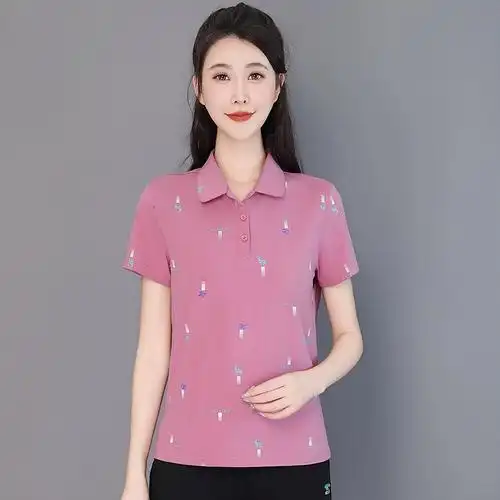 纯棉运动体恤大码polo衫妈妈女装2024夏女士t恤上衣翻领宽松短袖