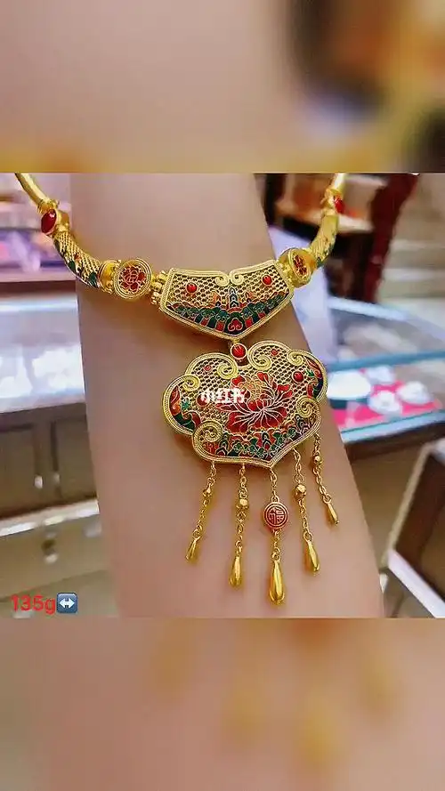 黄金足金花开富贵古法金珐琅花丝项圈130克