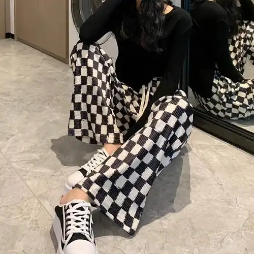 今年流行棋盘格阔腿裤黑白格子直筒裤女高腰垂坠感显瘦休闲长裤子