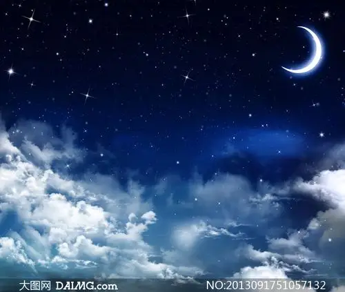 挂在繁星夜空中的月亮摄影高清图片