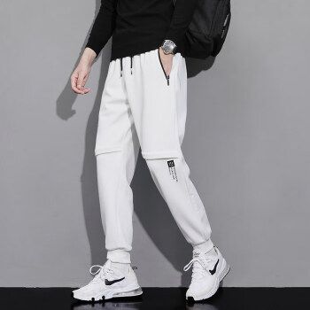 春季纯棉卫裤男士潮流宽松束脚运动裤长裤休闲裤百搭男生裤子 白色