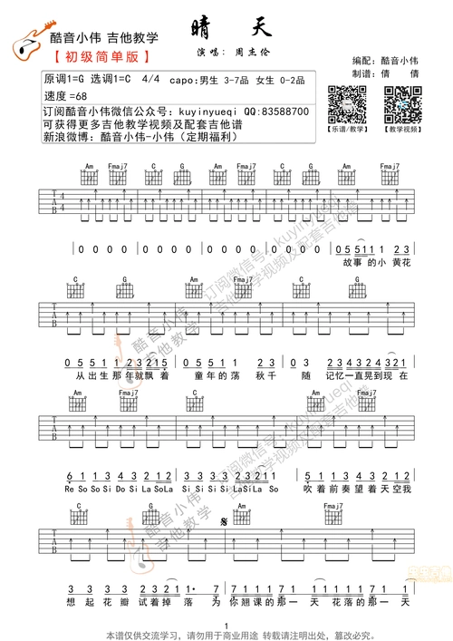 《晴天》c调吉他谱简单版 酷音小伟编谱c调六线吉他谱-虫虫吉他谱免费