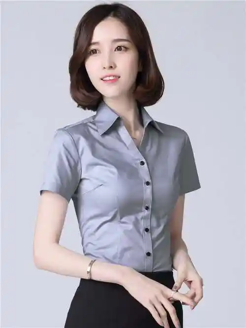 职业白衬衫女v领短袖工作服套装新款工装衬衣气质正装灰色上衣夏