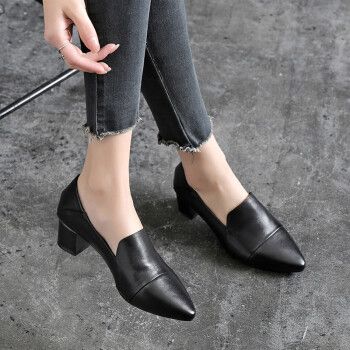 夏天女皮鞋女式真皮单鞋半高跟尖头夏季浅口鞋粗跟中跟工作黑色35